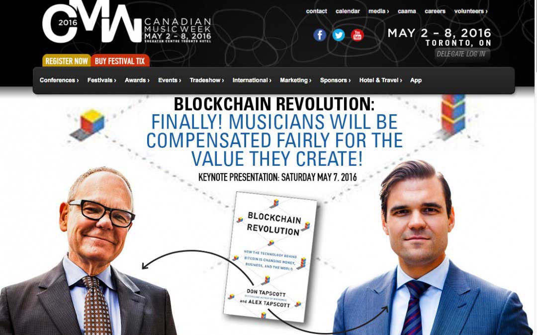Don and Alex Tapscott speaking at the CMW Summit: How the Blockchain will save musicians.